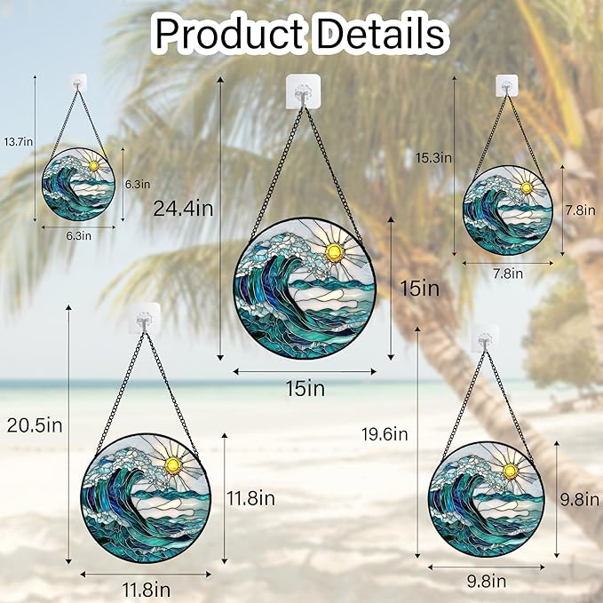 Stained Glass Window Hanging - Blue Green Waves Suncatcher for Door Terrace Garden Home Decor Sunrise Over The Sea Sun Catcher Birthday Gifts for Lovers Women Men Dad Mom Nana 15 in