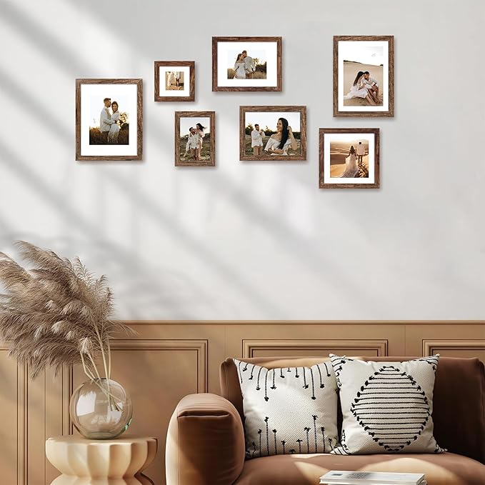 10x10 Picture Frame Set of 4 with Real Glass, Rustic Frames Display 8x8 Picture with Mat or 10 x 10 Without Mat, Wooden Square Photo Frame for Wall Mount and Tabletop Display