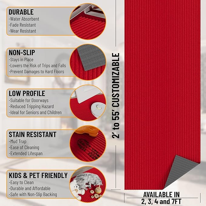 Ottomanson 2'7" x 5' Mud Mat Area Rug Scraper Carpet - Non-Slip, Dirt Trapping for Indoor & Outdoor Use - Ideal for Entryway, Garage, Kitchen, Patio & High-Traffic Areas, Red