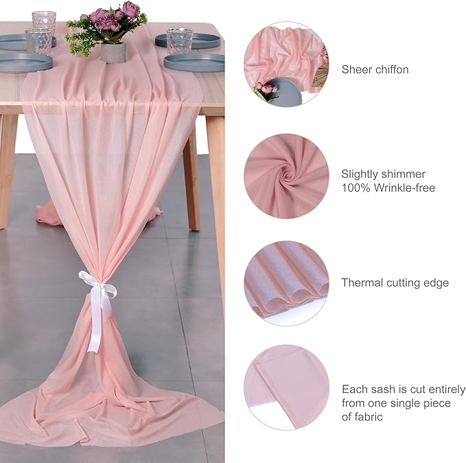 MDS 2 Pack 14ft Chiffon Table Runner 29 x 170 Inches Sheer Wedding Runner Romantic Rustic Table Runner for Wedding Decorations, Birthday Parties, Bridal Shower Party Arch Decor - Dusty Rose