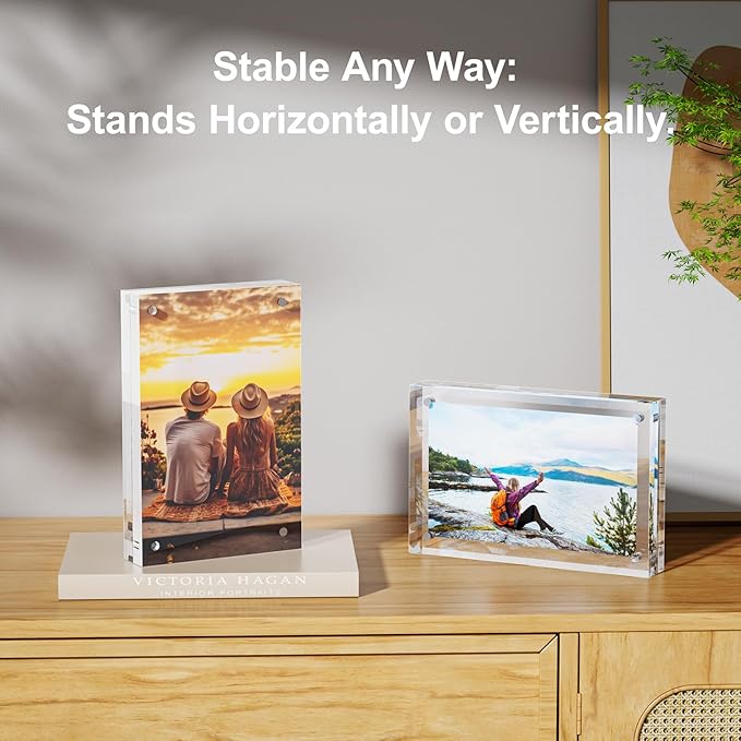 3 Pack 2x6 Acrylic Picture Frames - 20% Thicker Double Sided Magnetic Frame with UV Protection - Freestanding Clear Frameless Display for Tabletops - Modern Photo Frame Set for Home & Office Decor
