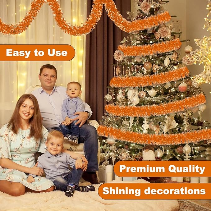 25 Feet Macaron Orange Christmas Tinsel Garland, Metallic Foil Twist Banner Wall Hanging Tinsel Streamers Backdrop for Parade Floats, Christmas, Mother's Day, Birthday Party Decorations(4in x 25ft)