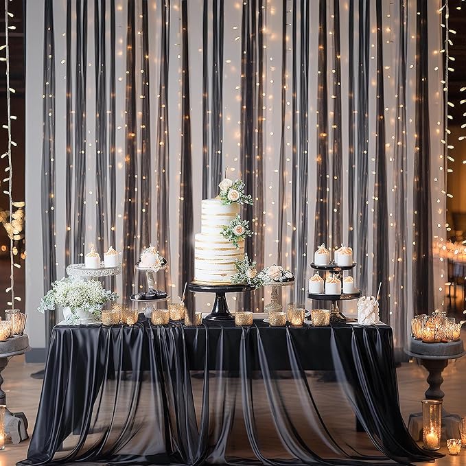 20x10 Black Tulle Backdrop Curtains for Parties, Sheer Backdrop Curtain Wedding Photo Background Drapes for Baby Shower Photography Birthday Party