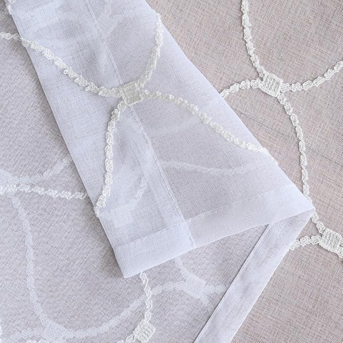 Sheer Curtains White 45 Inches,Wavy Diamond Embroidered Rod Pocket Voile Drapes for Living room, Bedroom, Window Treatments Semi Crinkle Curtain Panels for Yard, Patio, Parlor, 2 Panels, 52"x 45".