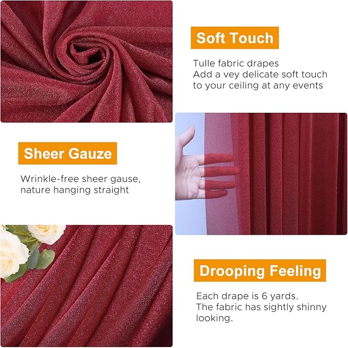 Wedding Arch Draping Fabric 2 Panels 28.7" x 20FT Burgundy Sheer Chiffon Backdrop Drapes for Wedding Ceremony Birthday Party Bridal Shower Outdoor Decoration