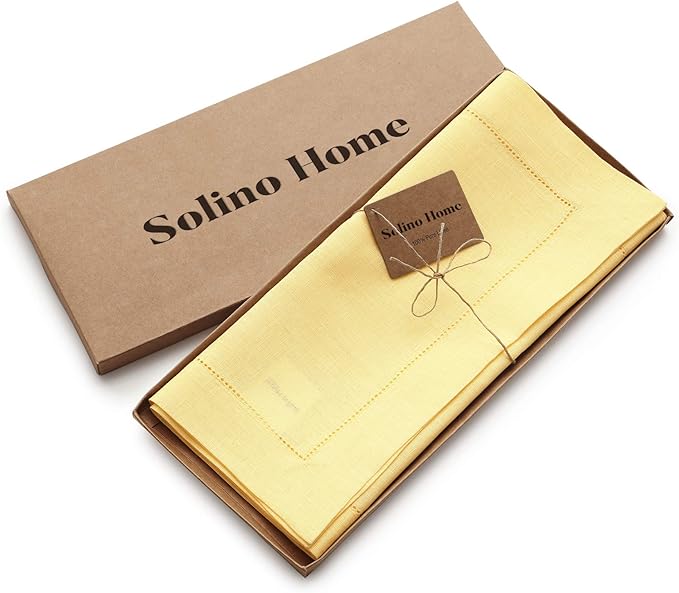 Solino Home Linen Yellow Table Runner 132 Inches Long - 100% Pure Linen Extra Long Table Runner 14 x 132 Inch - Classic Hemstitch