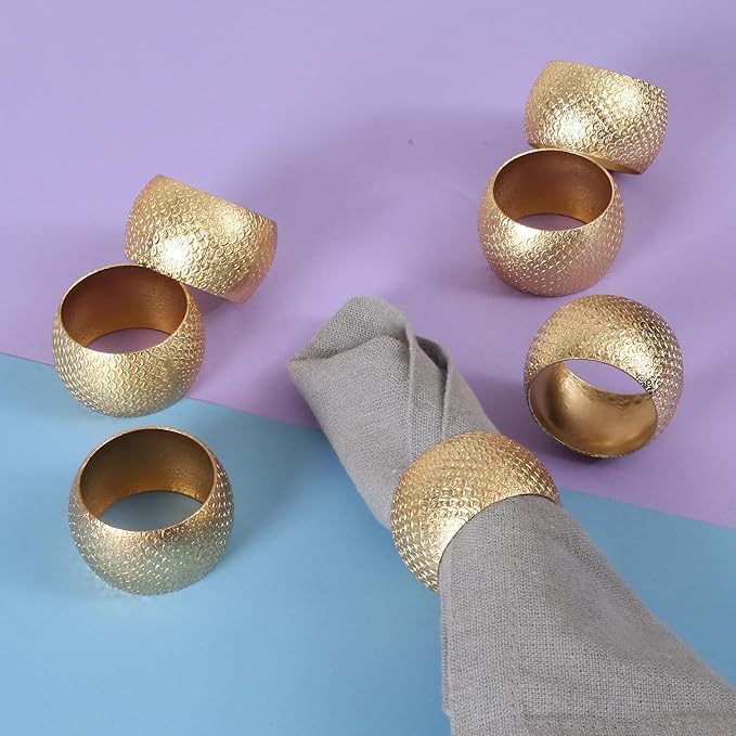 Napkin Holders for Cloth Napkins Set of 12 - Lightweight Metal Round Napkin Holder Hammered Textured,Elegant Table Décor for Weddings, Dinners, Holidays, Events, Kitchen & Dining (Gold) - CLEENTABLE