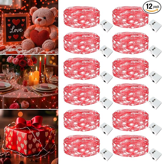 12 Pack Fairy Lights Battery Operated - 7ft 20 Led Twinkle Lights 3 Modes, Bulk Mini String Lights Waterproof for Mason Jars Vases DIY Party Wedding Decoration Christmas - Red