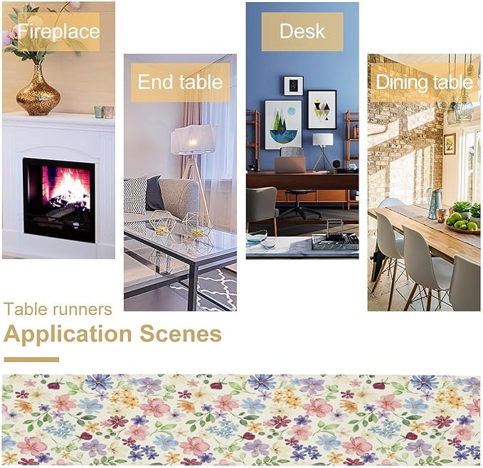 Floral Decorative Table Runner, Watercolor Floral Botanical Rustic Modern Style Pattern Printed Long Table Runner for Restaurant Kitchen Party,13in（33cm） W * 60in（152cm） L