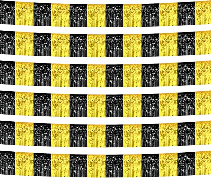 6 Pack 10 Feet Black Gold Foil Fringe Garland Metallic Tinsel Streamers Banner Wall Hanging Curtain Backdrop Banner for Parade Floats, Thanksgiving, Christmas, Birthday, Halloween Party Decorations