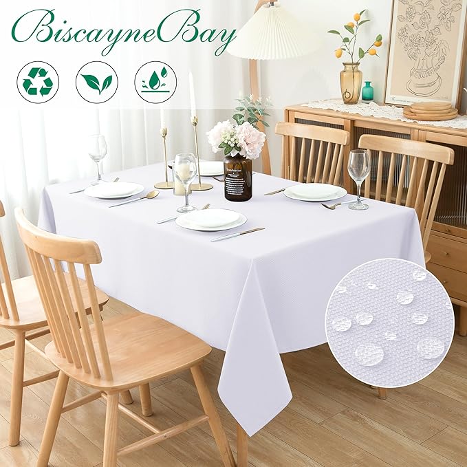 Biscaynebay Fabric Tablecloths 60x108 Inches Rectangular, White Water Resistant Tablecloths for Dining, Kitchen, Wedding and Parties etc. Machine Washable