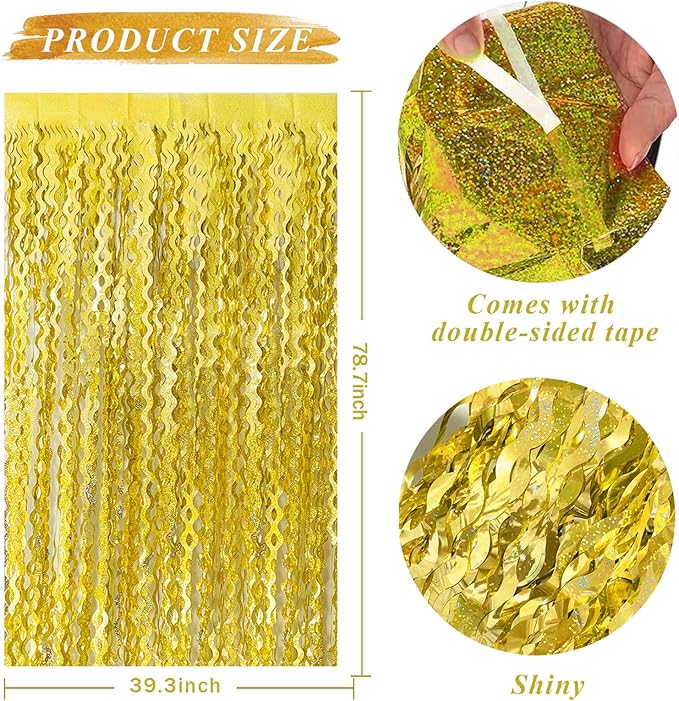 2 Pack Gold Fringe Curtain Backdrop Tinsel Streamers Birthday Party Decorations Photo Booth Backdrop Halloween New Year Graduation Theme Party Decorations