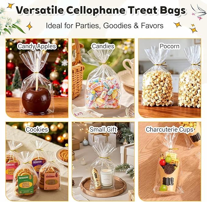 PigPotParty Cellophane Treat Bags 7"x10", 100 Pack Clear Goodie Bags, 3.2" Bottom Gusset for Stand-Up Display, Small Plastic Gift Wrap for Cookies, Candy, Party Favors, Popcorn, Includes 100 Ties