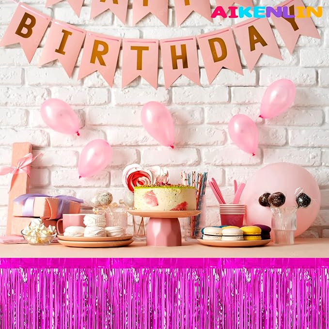 6 Pack 29x108 Inch Metallic Foil Fringe Tinsel Table Skirts Banner for Rectangle Tables Streamer Garland Curtains Backdrop for Wedding, Birthday, Parade Floats, Christmas Party Decoration(Fuchsia)