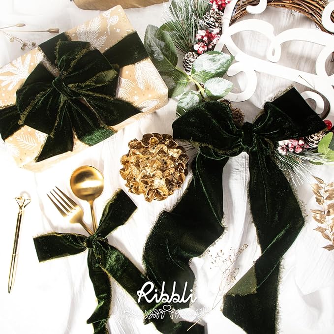 Ribbli Dark Moss Velvet Ribbon 1.5 Inch Handmade Frayed Vintage Christmas Ribbon for Gift Wrapping Christmas Tree Ornament Wreath Craft Home Decor -Total 3 Yards with Wooden Spool