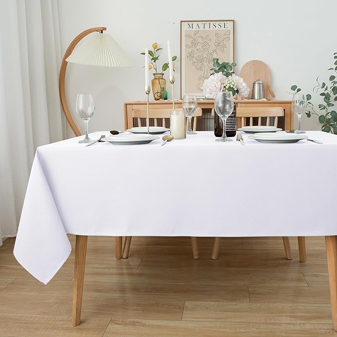 Biscaynebay Textured Fabric Tablecloths 90x132 Inches Rectangular, White Water Resistant Tablecloths for Dining, Kitchen, Wedding and Parties etc. Machine Washable