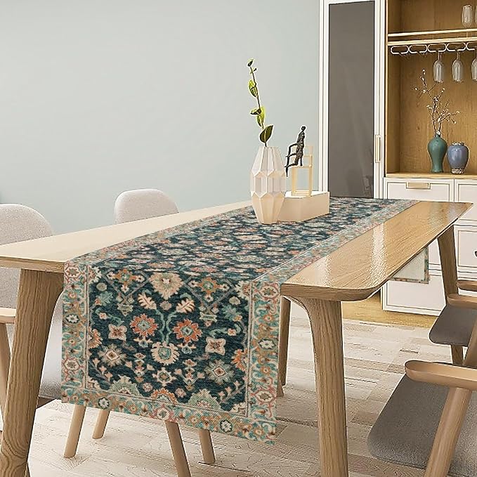 Vintage Boho Floral Table Runner, Rustic Country Farmhouse Blue Teal Red Bohemia Flower Pattern for Home Kitchen Table Decor Dining Coffee Room Party Decor 13x108in