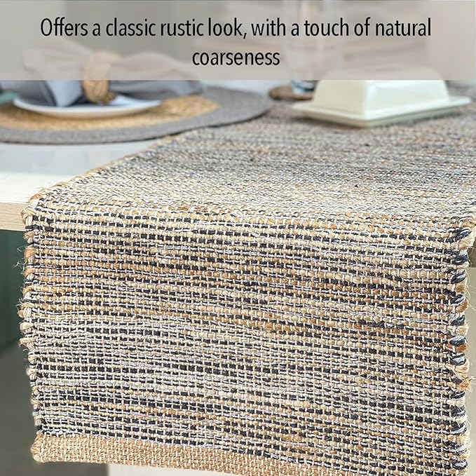 Chardin home Natural Jute Table Runner 13x108 Inch – Vintage Boho Rustic Table Decor – Handwoven Long Table Runner in Natural Jute and Grey – Farmhouse Dining or Console Table Accent