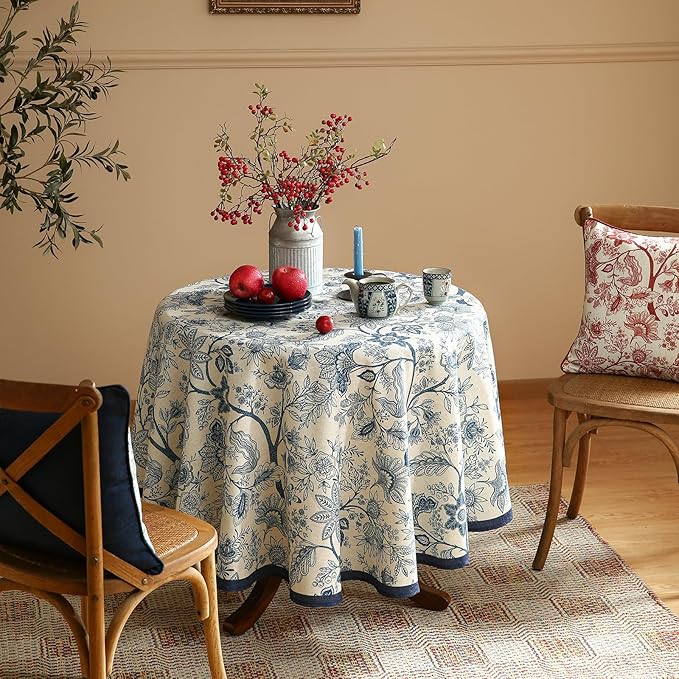 ISAENNE Designer French Linen Round Tablecloth,Blue Floral Washable Indoor Table Cloth,Durable Home Decor Tablecloths for Dining Thanksgiving Kitchen Party Christmas,Diameter 67"-Ruyi B