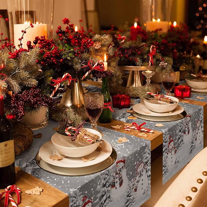 Christmas Snowman Cotton Linen Table Runner for Dining Kitchen, Snowflakes Xmas Pine Tree Wedding Outdoor Party Tablerunner Decoration Winter Bird Dresser Scarf Coffee Tablecloth Runners 13x120 Inches