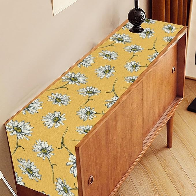 Daisy Floral Table Runner, Farmhouse Spring Seasonal Summer Teal Green White Flower Rustic Abstract Table Center Decor for Home Kitchen Dining Holiday Party Indoor Table Decorations, 13"x36" Inch