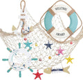 11 Pcs Wooden Nautical Wall Decor Fishing Net Decorations, Include Decorative Fishing Net, Ship Wheel, Fish Skeleton, Life Ring, Anchor, Starfish Beach Decor for Mediterranean Party (Wood Color)