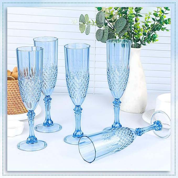 Plastic Champagne Flutes, 48PCS Blue Wine Glasses Goblets Cups Reusable Flute, for Weddings Bachelor Parties Toasting and Events (48, Blue)