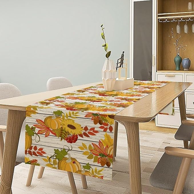 Autumn Table Runner,Seasonal Pumpkins Thanksgiving Kitchen Dining Table Decoration for Home Party Decor 13x70 Inch