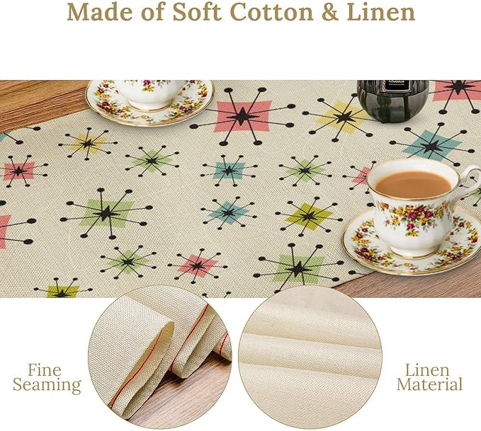 Mid Century Table Runner, Flag Retro Atomic Starburst 1950s Abstract Geometric Space Tabletop Decoration for Home Kitchen Restaurant Table Flag 13x70 Inch