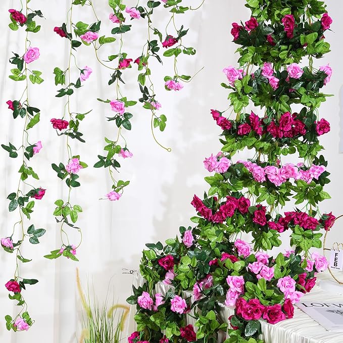 Floweroyal 4 Pack Artificial Flower Garlands 15.8FT Fake Rose Vines Silk Flowers Hanging Rose Ivy for Wedding Arch Party Home Garden Wall Decor (Fuchsia)