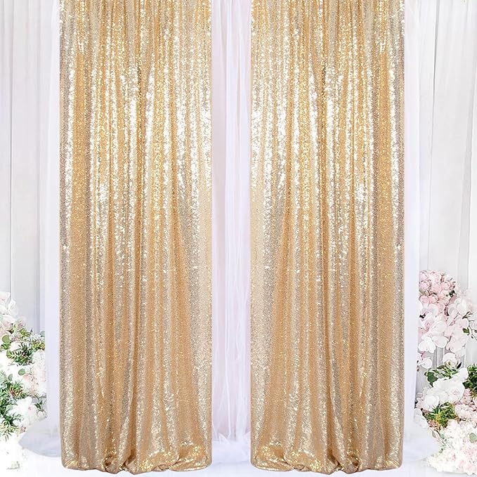 ShinyBeauty Sequin Backdrops 4 Panels Light Gold Sequin Curtains Photo Backdrop Shimmer Background for Baby Shower Champagne Golden Curtain Wedding Birthday Party Decor(2Ftx8Ft)