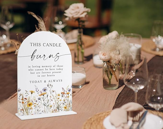 Memorial Table Sign for Wedding, Boho Floral This Candle Burns in Loving Memory Sign, Wedding Signage with Stand, Bridal Shower Table Centerpieces, Supplies for Engagement Reception and Event, 39