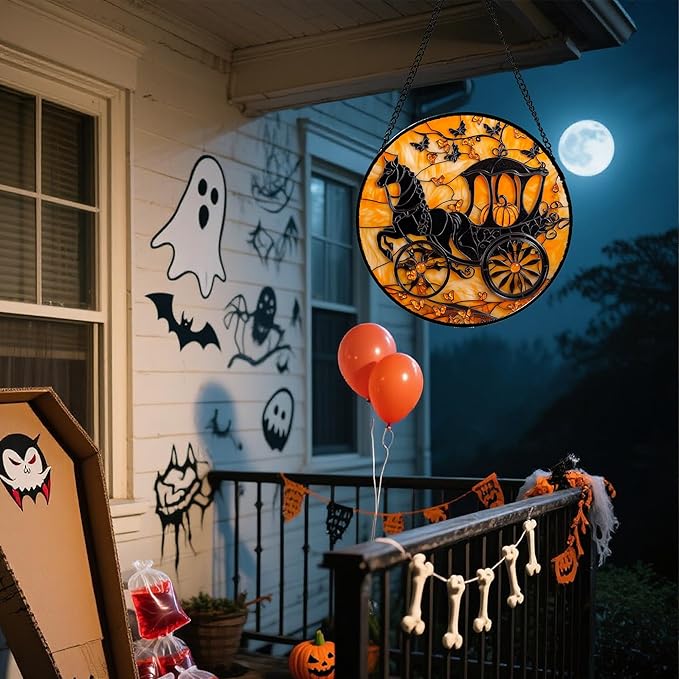 Stained Glass Window Hanging - Halloween Pumpkin Carriage Suncatcher for Doors Window Garden Indoor Spooky Funny Orange Sun Catchers Gothic Decor Horror Gifts for Women Men Friend 6.3 in