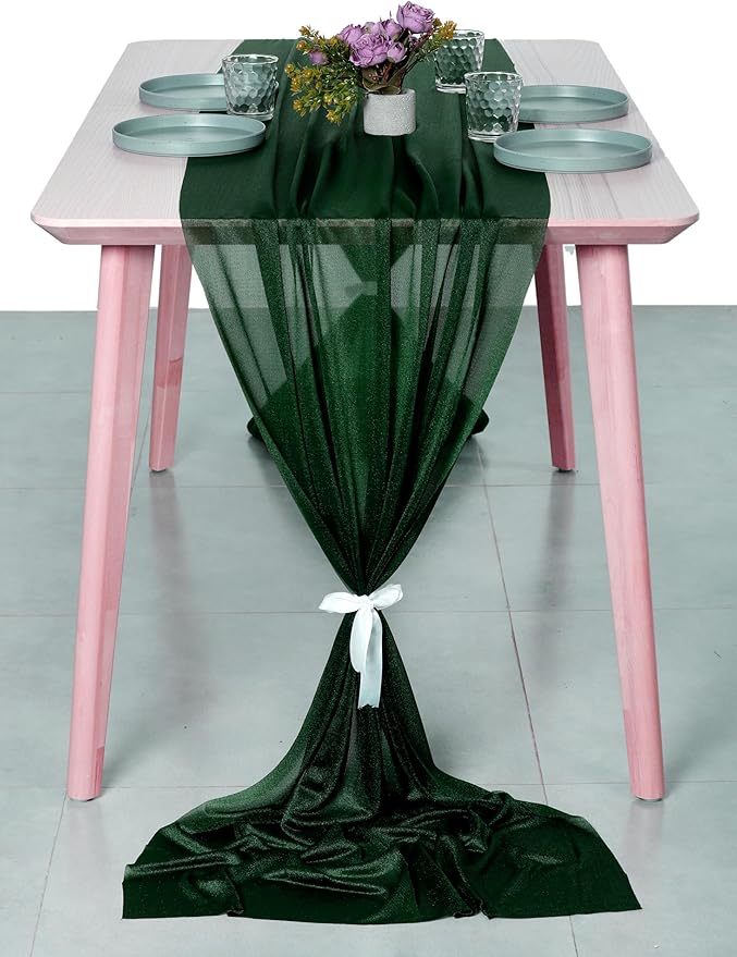MDS 2 Pack 14ft Chiffon Table Runner 29 x 170 Inches Sheer Wedding Runner Romantic Rustic Table Runner for Wedding Decorations, Birthday Parties, Bridal Shower Party Arch Decor - Hunter Green