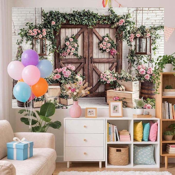 5x4ft Country Wedding Photography Backdrop Floral Rustic Roses Farmhouse Wooden Door Backdrop Pink Flower Birthday Baby Shower Wedding Bridal Party Banner Photo Booth Props Anniversary Background