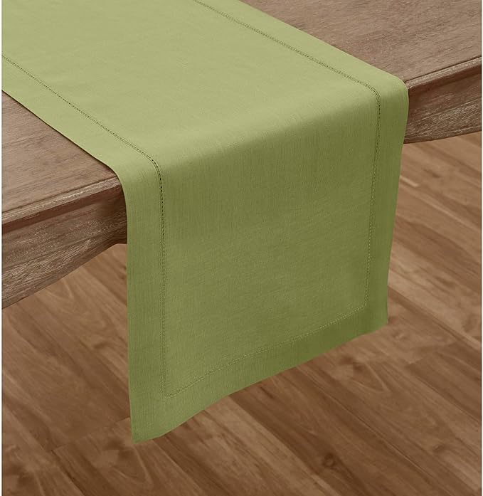 Solino Home Linen Moss Green Table Runner 120 Inches Long - 100% Pure Linen Hemstitch 14 x 120 Inch Table Runner for Dining, Fall, Autumn, Thanksgiving - Classic Hemstitch