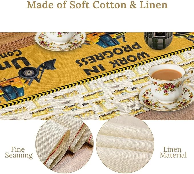 Cartoon Car Table Runner,Boys Kids Construction Vehicles Truck Yellow Print Tablecloth Burlap for Hotel Indoors Outdoor Dining Room Kitchen Home Decor,W13X L70 in
