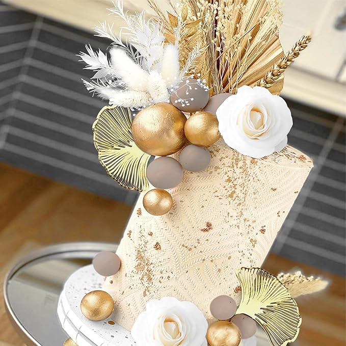 JeVenis Boho Champagne Cake Decoration Gold Balls Cake Decoration Palm Leaves Cake Topper Bohemian White Gold Ball for Wedding Birthday Birthday Anniversary
