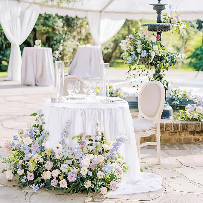 White Table Skirt for Rectangle Tables 14FT Chiffon Sheer Tablecloth for Birthday Party Sweetheart Cake Table Decoration