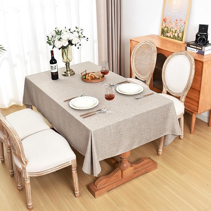 Fitable Faux Linen Tablecloths Rectangle 60 x 120 Inch - 2 Pack Neutral Table Clothes for 8 Foot Tables, Nature Faux Burlap Kitchen Table Covers for Dining, Party, Farmhouse, Banquet, Buffet