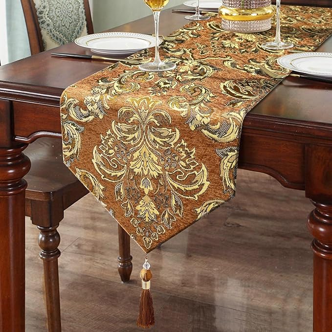 Deluxe Embroidered Table Runner 84" Decoration for Wedding Reception Banquet Meeting Tables Caramel