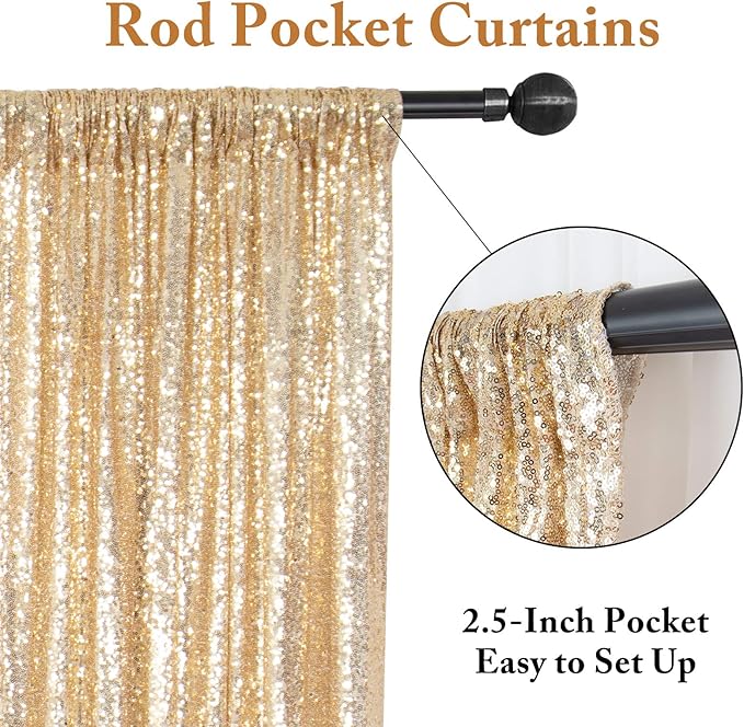 ShinyBeauty Gold Sequin Backdrop Panels 2FTx8FT Sparkly Light Gold Drapes Glitter Photo Booth Backdrop Happy Birthday Graduation(2FTx8FT)