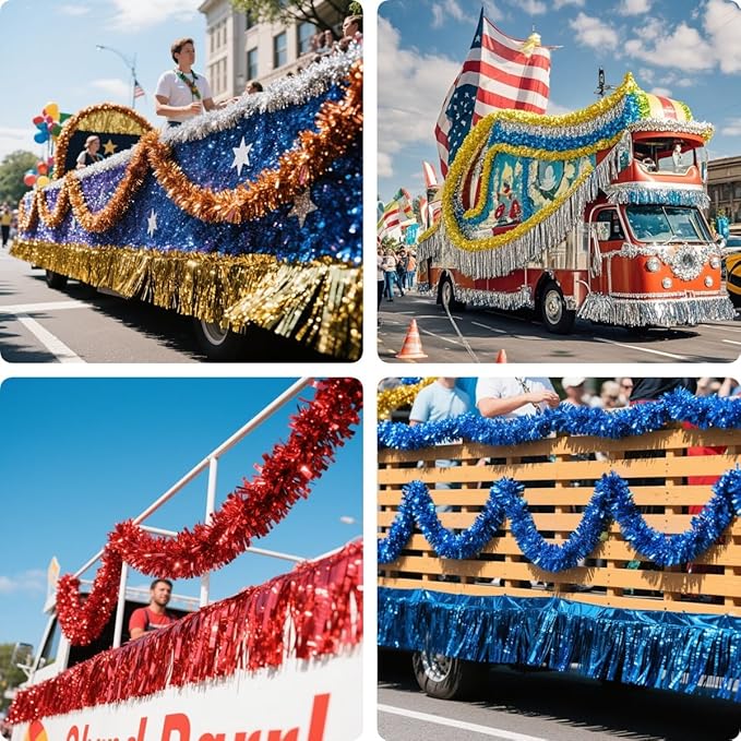 4 Pack Royal Blue Total 40 Feet Foil Fringe Garland Metallic Tinsel Banner Wall Hanging Drapes Parade Float Skirting Decorations for Trailer Mardi Gras Party Birthday Wedding Baby Shower