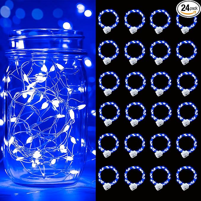 pozzolanas 24 Pack Blue Battery Operated String Lights - 7ft Waterproof Fairy Lights with 20 LEDs for Home, Mason Jar, Party, Wedding, Halloween, Christmas Decorations