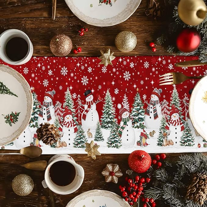 Christmas Snowman Cotton Linen Table Runner for Dining Kitchen, Xmas Tree White Snowflakes Winter Wedding Outdoor Party Tablerunners Decoration, Dresser Scarf Coffee Tablecloth Runners 13x70 Inches