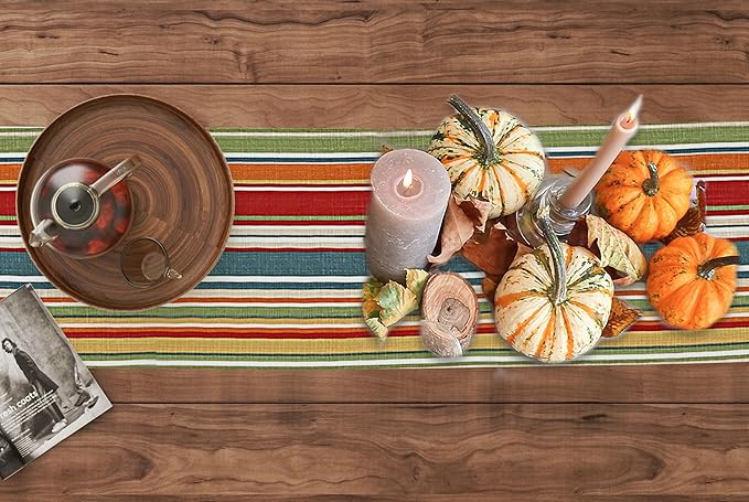 Ruvanti 100% Cotton Table Runner 60 Inches Long, Non-Slip, Stain Resistant, Washable & Reusable Table Runners Perfect for Wedding, Parties, Christmas, Holiday, in-Door use - Multi Stripe