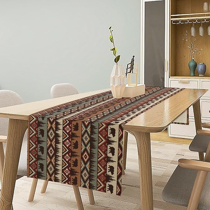 Retro Cabin Table Runner Rustic Bear Forest Farmhouse Lodge Jungle Table Runner for Dinner Party Living Room Kitchen Aztec Vintage 13x70 Inch