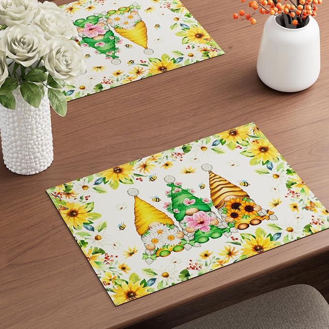 XCHI Daisies Flowers Gnomes Spring Placemats Set of 4 Table Mats Summer Seasonal Table Decorations 12x18 Inch