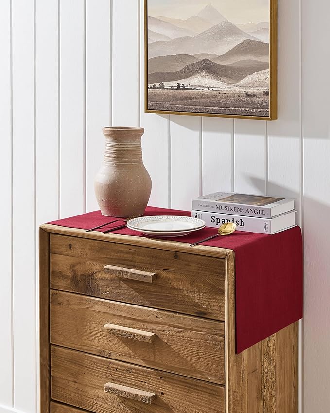 ZeeMart Linen Textured Border Table Runner, 14 x 72 Inch Red, Farmhouse Style Red Table Runners 72 Inches Long, Easy Care Everyday Polyester Table Runner