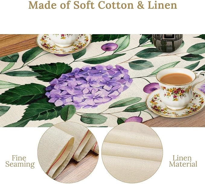 Spring Hydrangea Flower Table Runner, Seasonal Summer Plants Eucalyptus Leaves Purple Florals Dinner Runner for Home Kitchen Dining Table Party Holiday Decoration 13"x60"